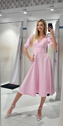 Sukienka midi rękawek 3/4 pas wiązanie róż