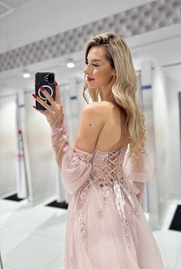 Sukienka długa gorset rękawek koronka tiul róż