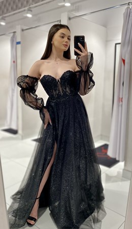 Sukienka długa gorset koronka rękawek tiul czerń