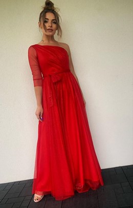 Sukienka długa jedno ramię tiul brokat czerwień