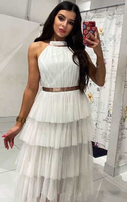 Sukienka midi tiul odkryte plecy falbany biel