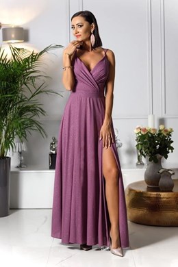 Sukienka długa na ramiączkach brokat jagoda