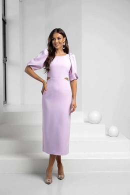 Sukienka midi rękawek wycięcie talia lila