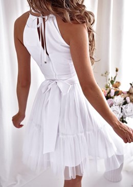 Sukienka krótka wiązanie szyja tiul biel