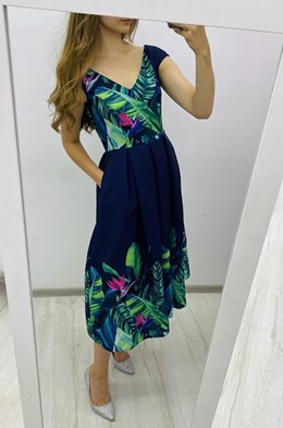Sukienka midi rozkloszowana liście granat/zieleń