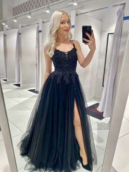 Sukienka długa tiulowa ramiączka koronka czerń