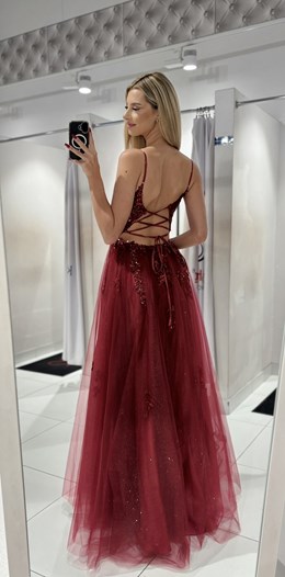 Sukienka długa tiul brokat gorset haft bordo