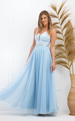 Sukienka długa ramiączka tiul pasek błękit