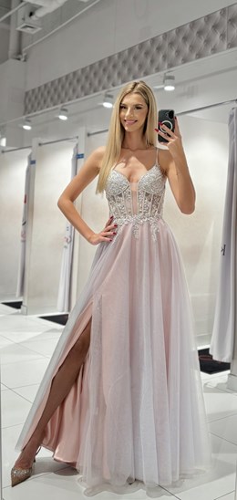 Sukienka długa tiul gorset ozdoby brokat r/szarość