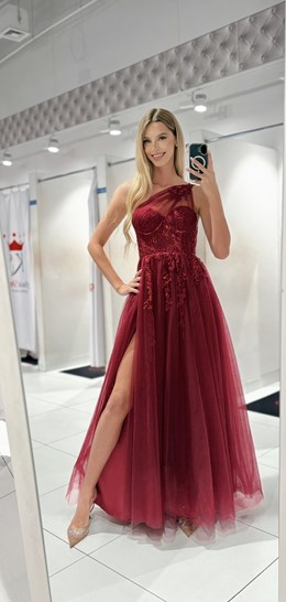 Sukienka długa asymetria tiul brokat bordo