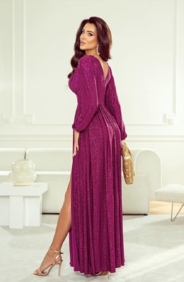Sukienka długa brokat długi rękaw fuksja