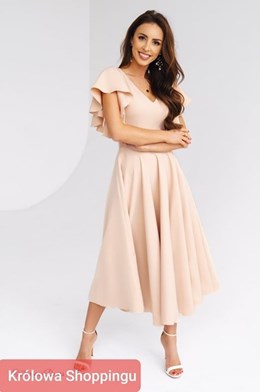 Sukienka midi falbana rękaw brokat złoty beż