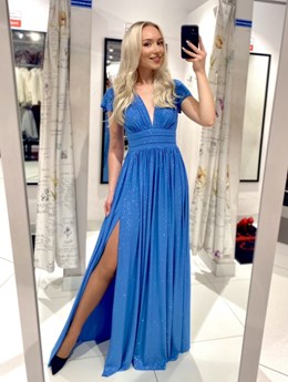 Sukienka długa brokat rękaw ciemny błękit