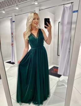 Sukienka długa tiul głęboki dekolt brokat zielony