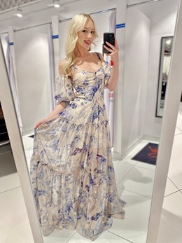 Sukienka długa szyfon doczepiany rękaw granat