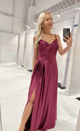 Sukienka długa ramiączka połysk purpura