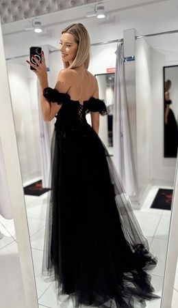 Sukienka długa gorset rękawek tiul czerń