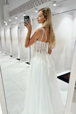 Sukienka długa asymetria tiul brokat biel