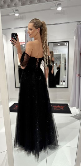 Sukienka długa gorset opadające rękawki tiul czerń