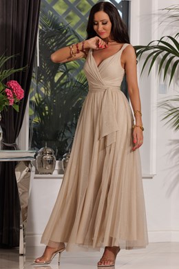 Sukienka długa ramiączka tiul pas brokat beż