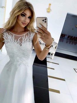 Sukienka długa kryształki góra plecy V biel