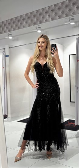 Sukienka długa rybka cekiny tiul czerń