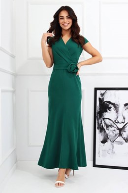 Sukienka długa rękawek pasek róża zieleń