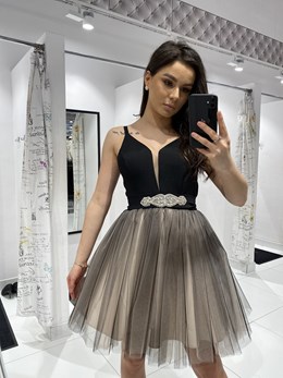 Sukienka krótka ramiączka tiul góra czarny/beż