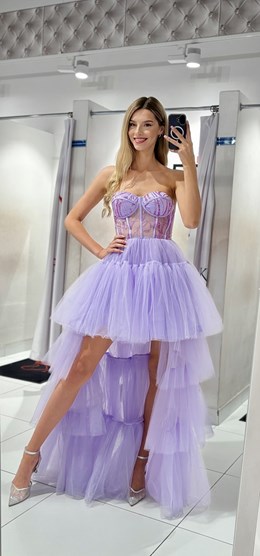 Sukienka asymetryczna falbany tiul gorset lila