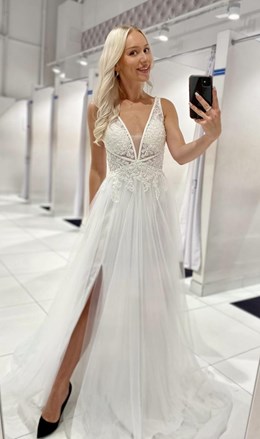 Sukienka długa dekolt V kwiaty tiul biel