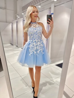 Sukienka krótka tiul koronka wiązanie szyja błękit