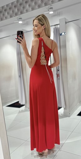 Sukienka długa asymetria wiązanie plecy czerwień