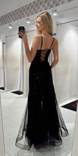 Sukienka długa rybka cekiny gorset tiul czerń