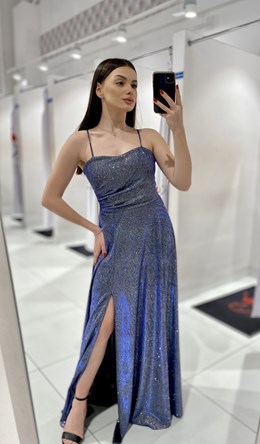 Sukienka długa wiązanie plecy brokat holo granat