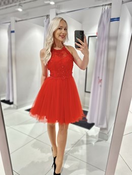 Sukienka krótka tiul zabudowany dekolt czerwony