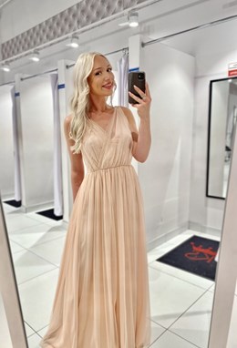 Sukienka długa tiul głęboki dekolt brokat kremowy