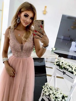 Sukienka długa tiulowa ozdobna góra różowa