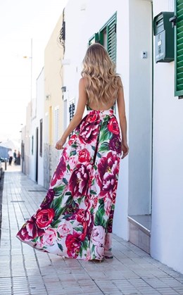 Sukienka długa odkryte plecy kwiaty bordo