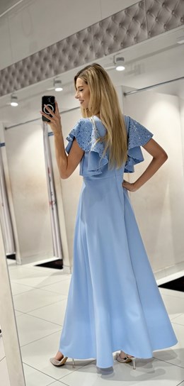 Sukienka długa rękawek falbanka cekiny błękit