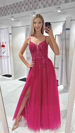 Sukienka długa gorset tiul brokat fuksja