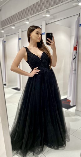 Sukienka długa koronkowy gorset tiul czerń