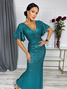 Sukienka długa cekin dekolt rękawek pas morski