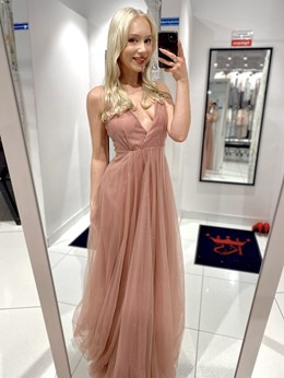 Sukienka długa na ramiączkach brokat tiul róż