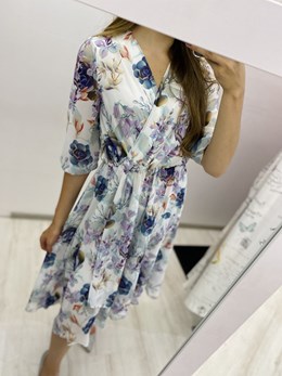 Sukienka midi długi rękaw pasek kwiaty biel/błękit