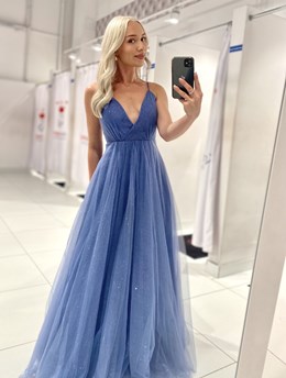 Sukienka długa ramiączka brokat tiul niebieski