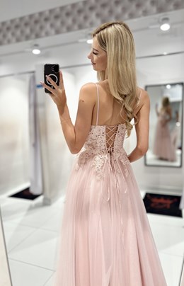 Sukienka długa gorset tiul brokat cyrkonie puder