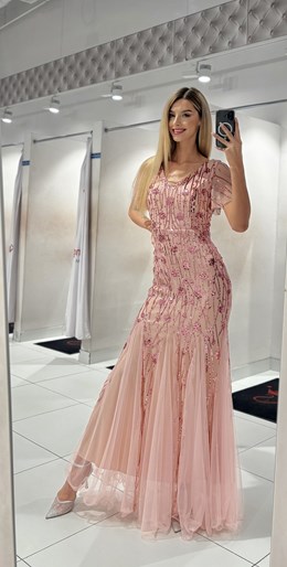 Sukienka długa cekiny rękawek falbanka tiul róż