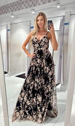 Sukienka długa tiul wiązanie plecy czerń/złoto