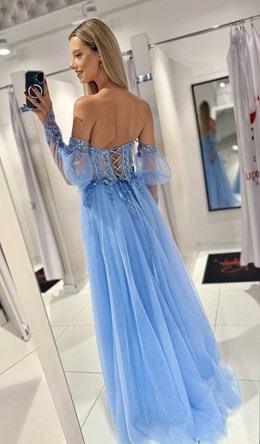 Sukienka długa gorset rękawek koronka tiul błękit