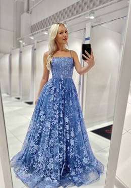 Sukienka długa balowa brokatowe kwiaty jeans